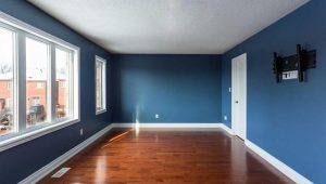Blue-walled room, large windows, hardwood floors, TV bracket.